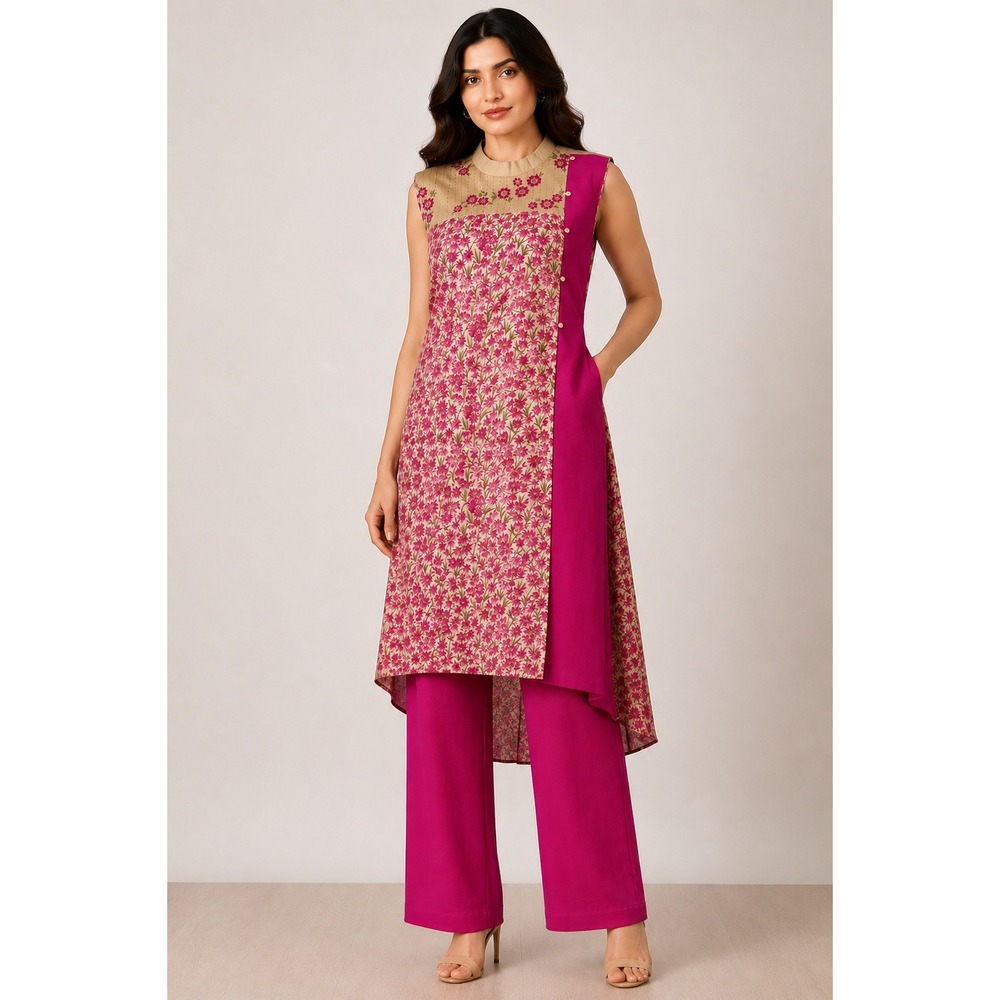 Sabhyata Floral Embroidered Kurti‎ Women Medium Pink Asymmetric Tunic Bollywood